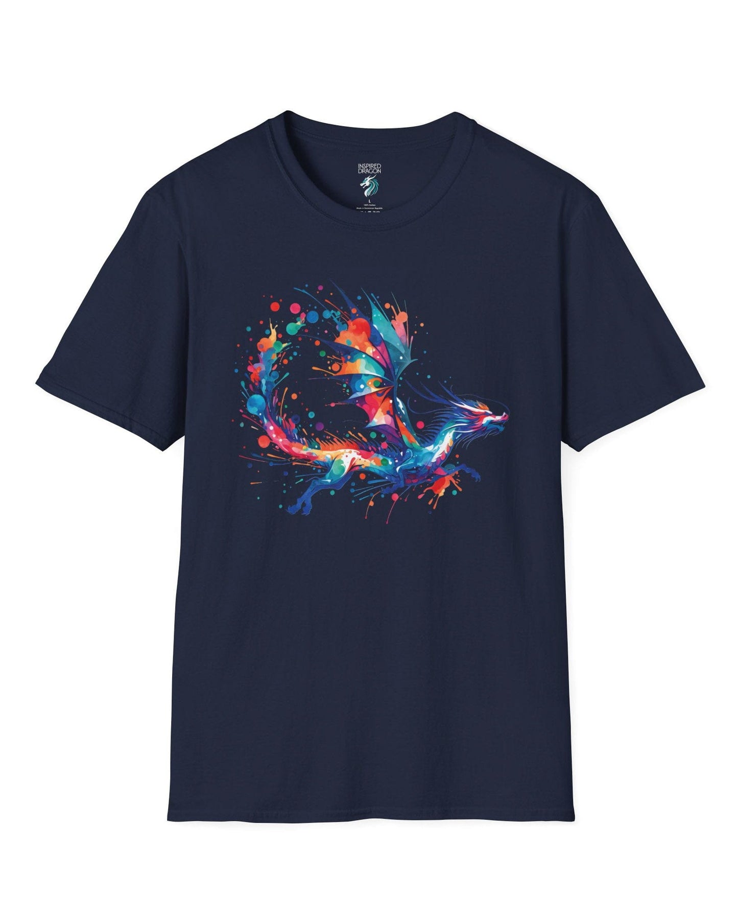 Splatterwing shirt in navy, featuring a vibrant dragon made of dynamic multicolor paint splashes.