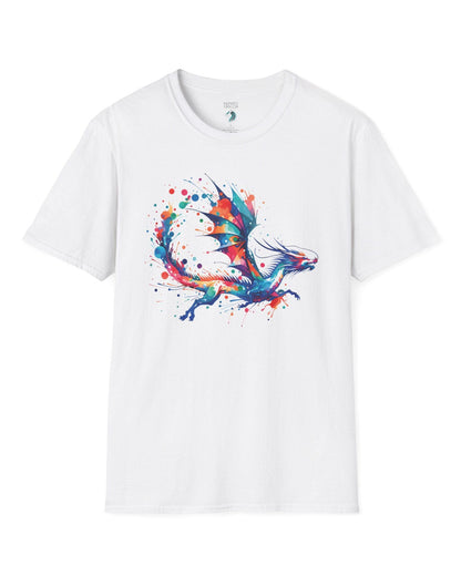 Splatterwing shirt in white, featuring a vibrant dragon made of dynamic multicolor paint splashes.