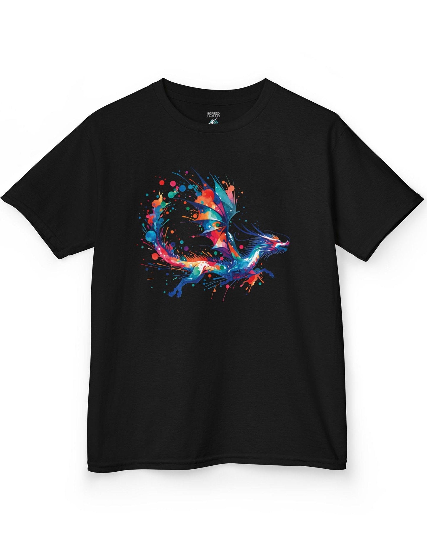 Splatterwing shirt in black, featuring a vibrant dragon made of dynamic multicolor paint splashes.