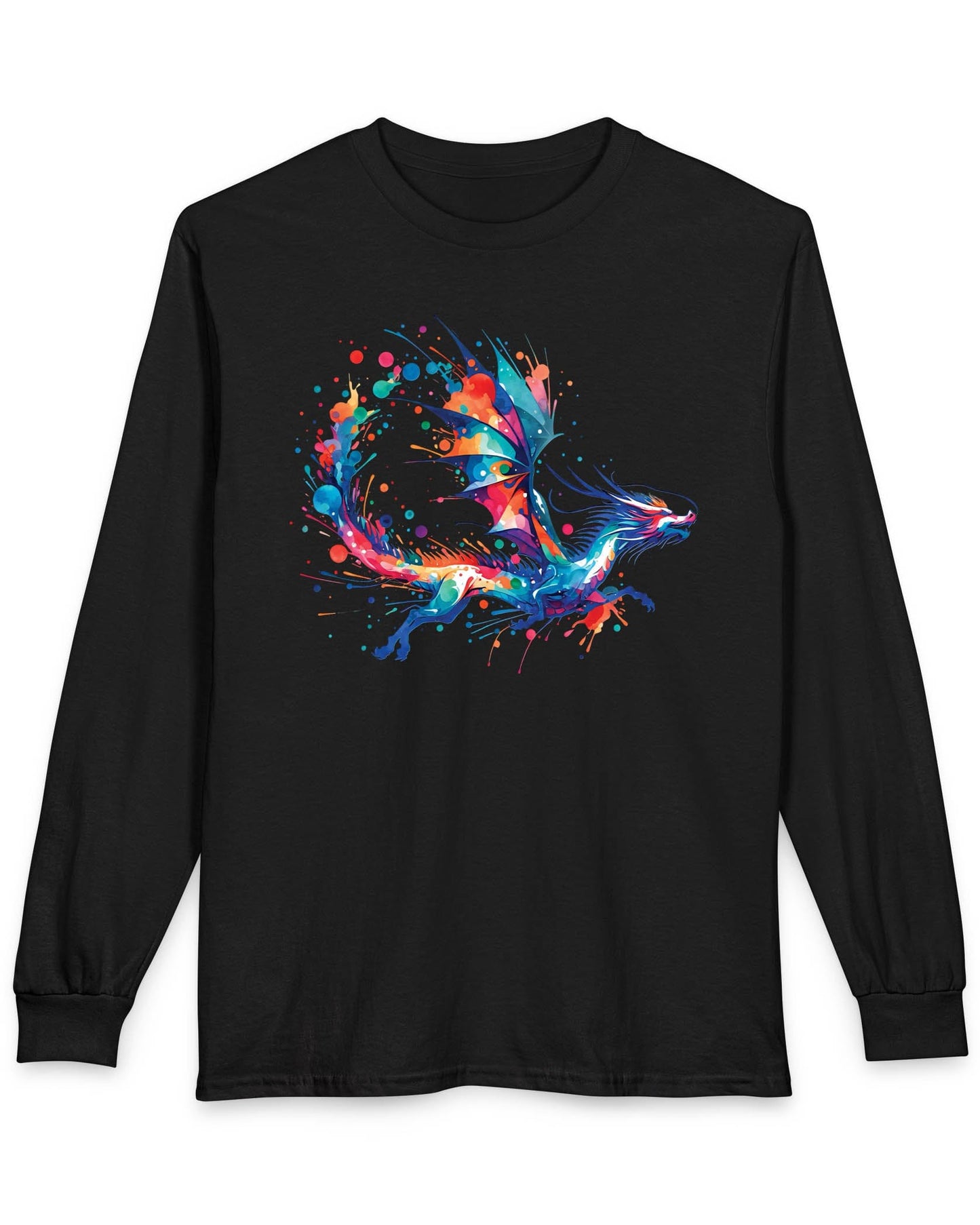 Splatterwing shirt in black, featuring a vibrant dragon made of dynamic multicolor paint splashes.