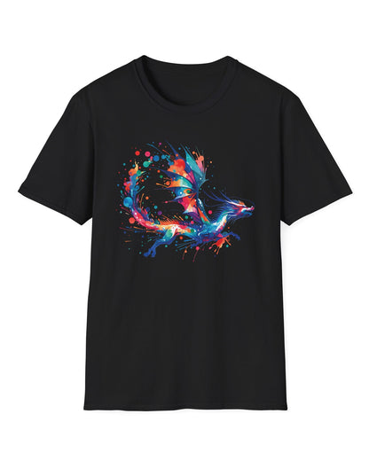 Splatterwing shirt in black, featuring a vibrant dragon made of dynamic multicolor paint splashes.