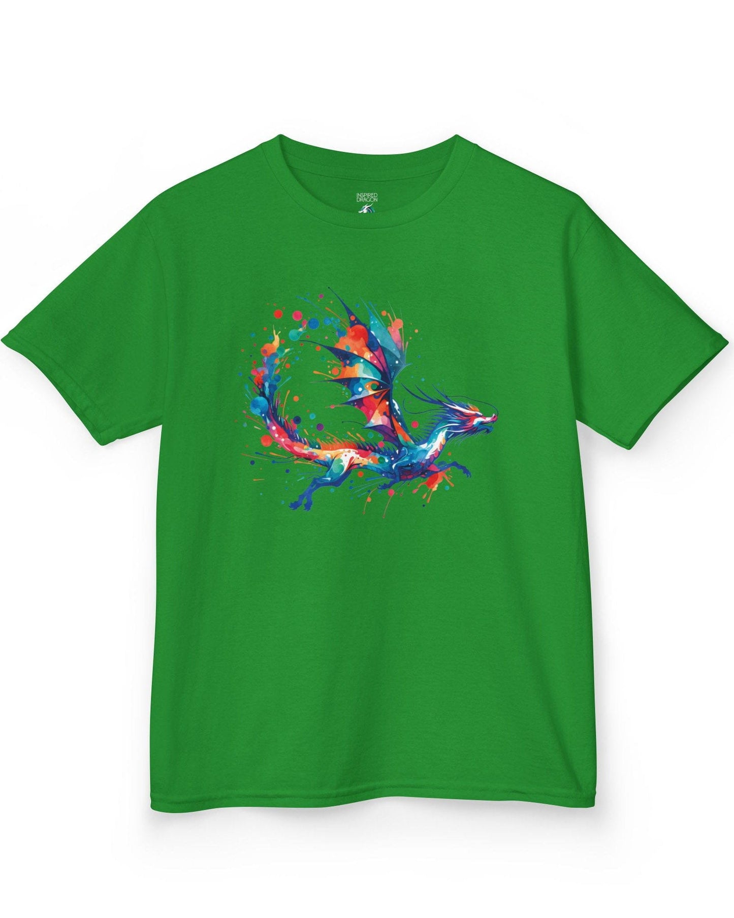 Splatterwing shirt in Irish green, featuring a vibrant dragon made of dynamic multicolor paint splashes.