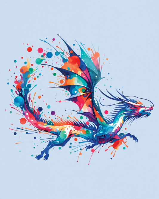 Splatterwing shirt in light blue, featuring a vibrant dragon made of dynamic multicolor paint splashes.