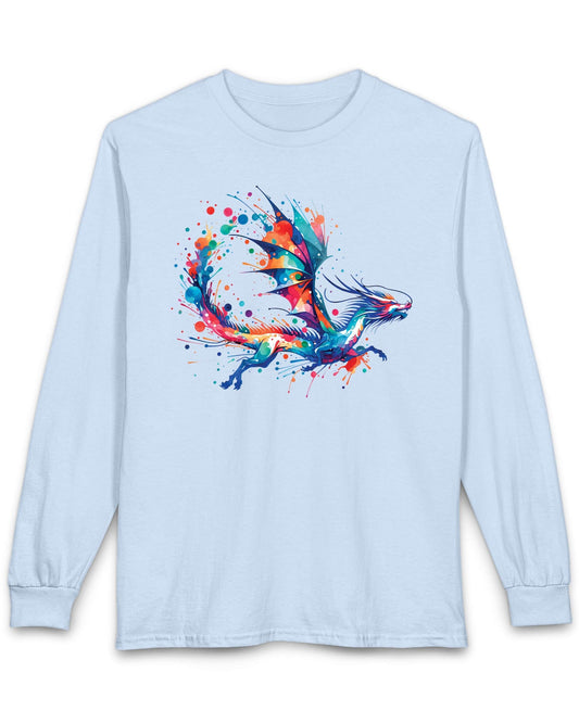 Splatterwing shirt in light blue, featuring a vibrant dragon made of dynamic multicolor paint splashes.