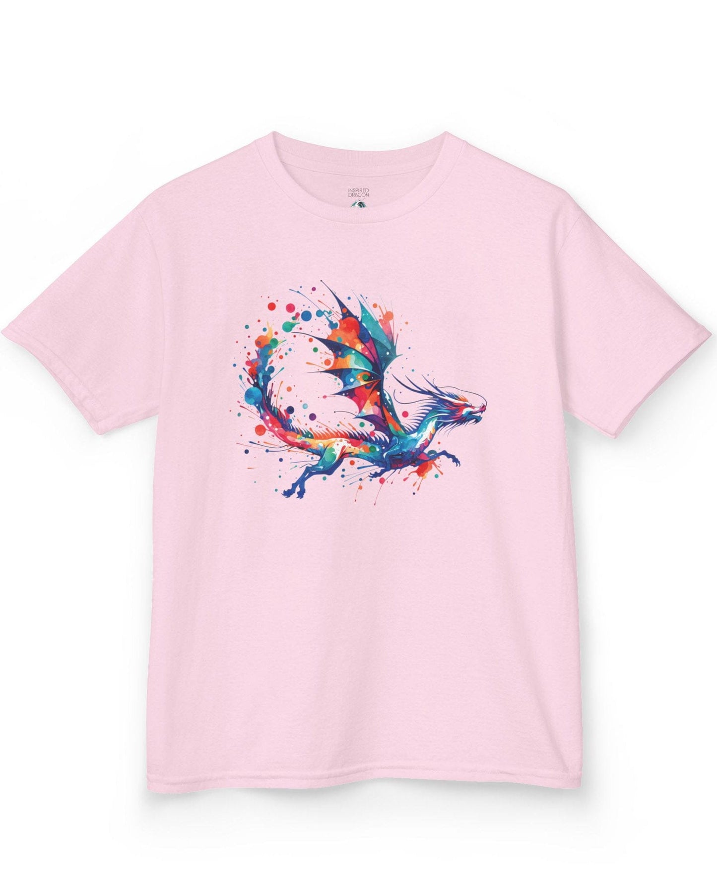 Splatterwing shirt in light pink, featuring a vibrant dragon made of dynamic multicolor paint splashes.