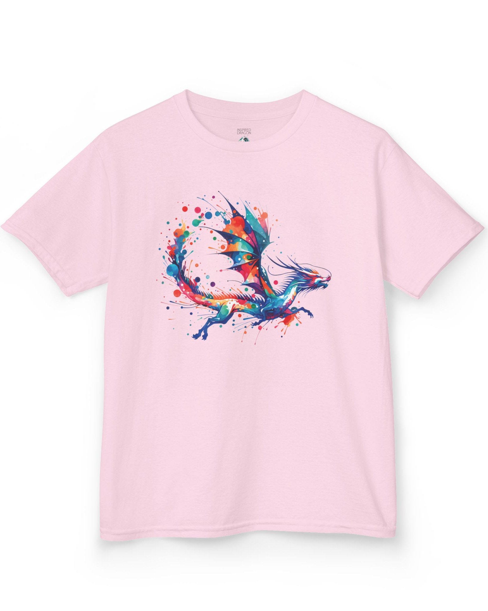 Splatterwing shirt in light pink, featuring a vibrant dragon made of dynamic multicolor paint splashes.