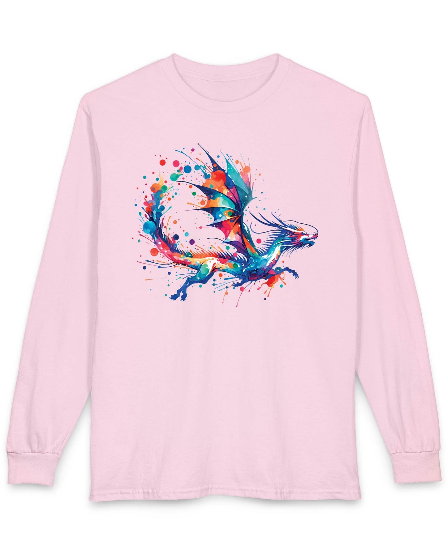 Splatterwing shirt in light pink, featuring a vibrant dragon made of dynamic multicolor paint splashes.