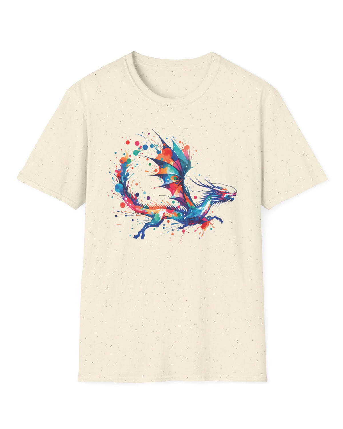 Splatterwing shirt in natural, featuring a vibrant dragon made of dynamic multicolor paint splashes.