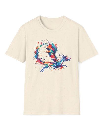 Splatterwing shirt in natural, featuring a vibrant dragon made of dynamic multicolor paint splashes.