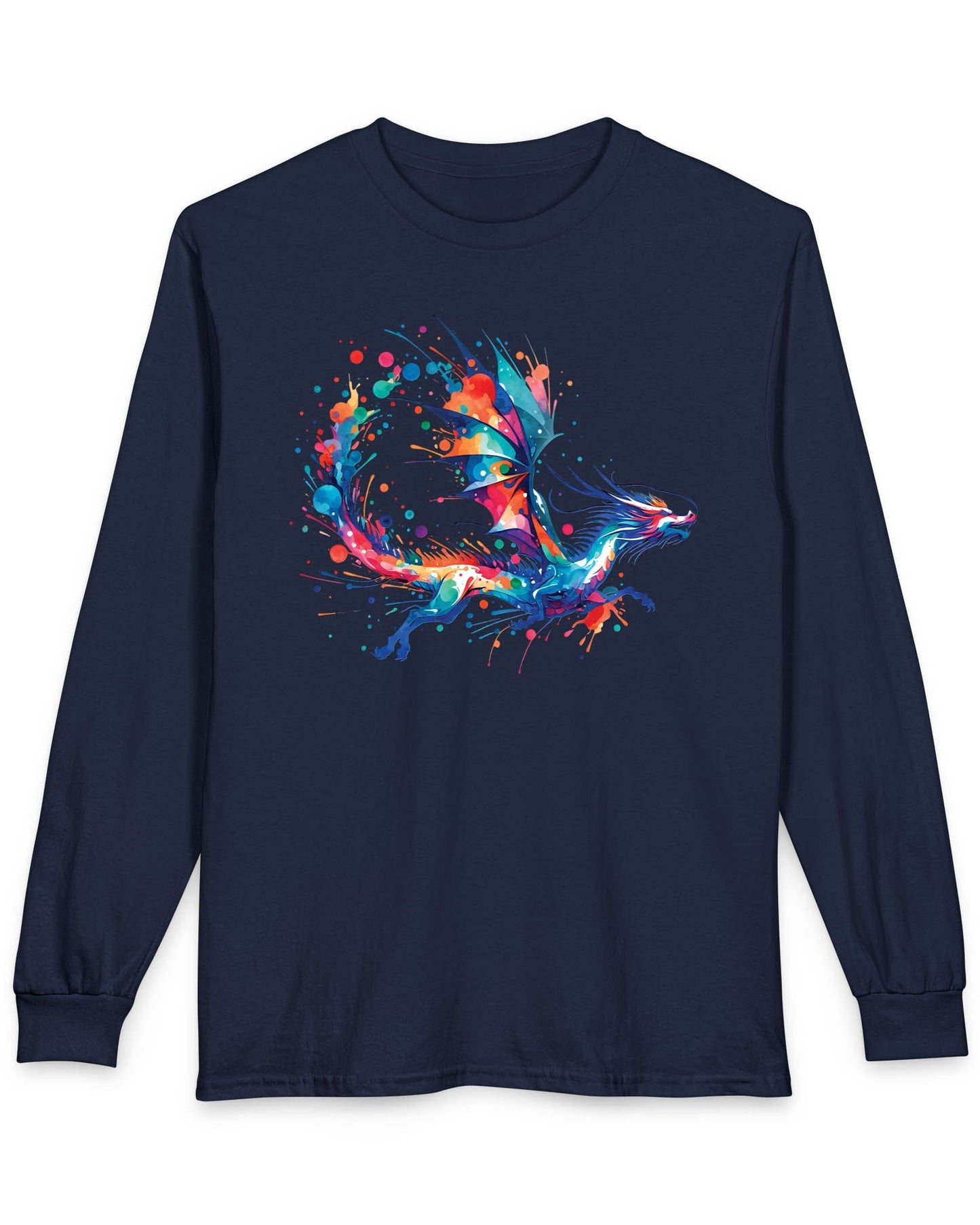 Splatterwing shirt in navy, featuring a vibrant dragon made of dynamic multicolor paint splashes.