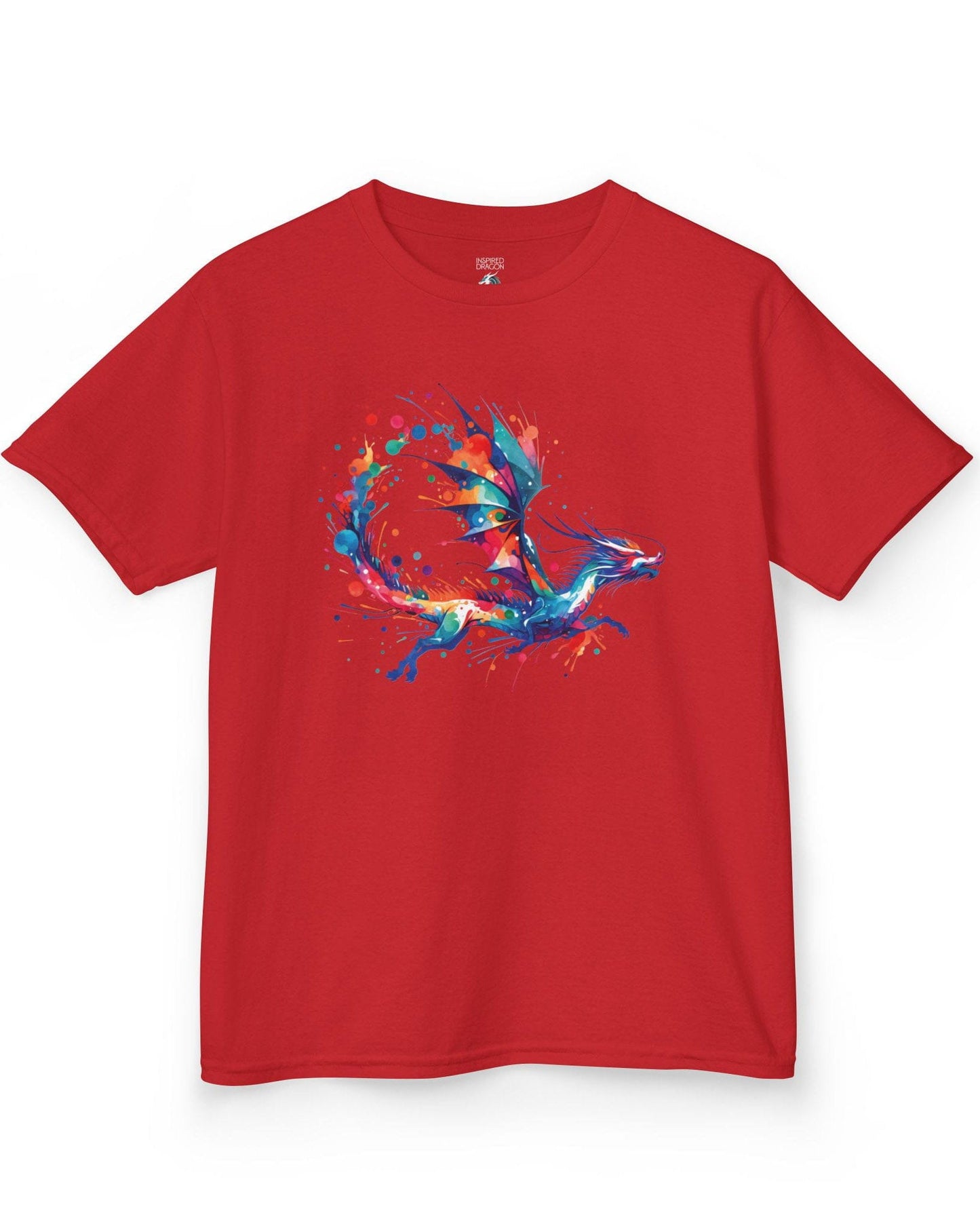 Splatterwing shirt in red, featuring a vibrant dragon made of dynamic multicolor paint splashes.