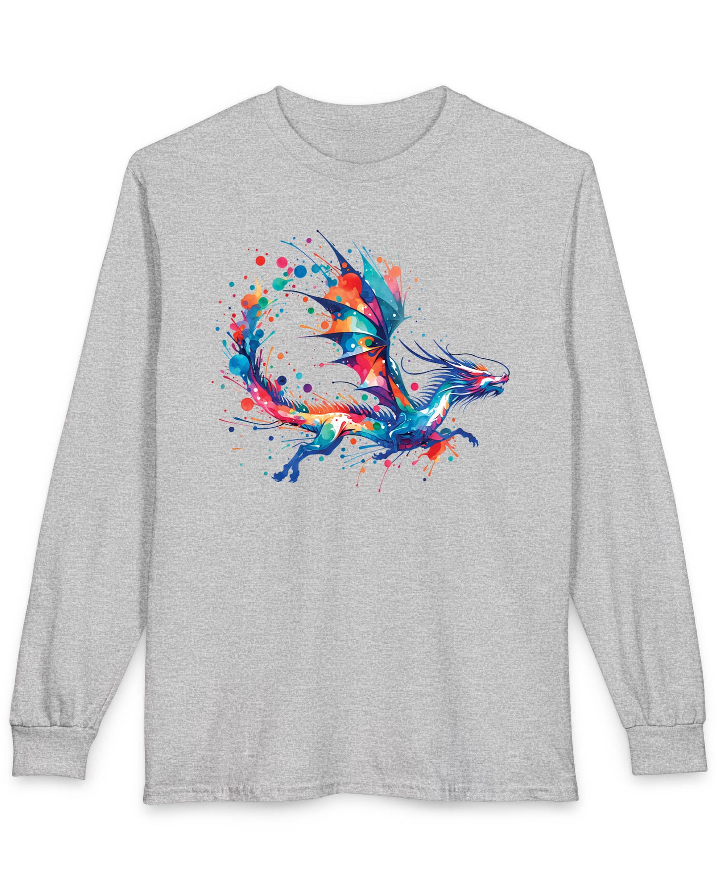 Splatterwing shirt in sport grey, featuring a vibrant dragon made of dynamic multicolor paint splashes.