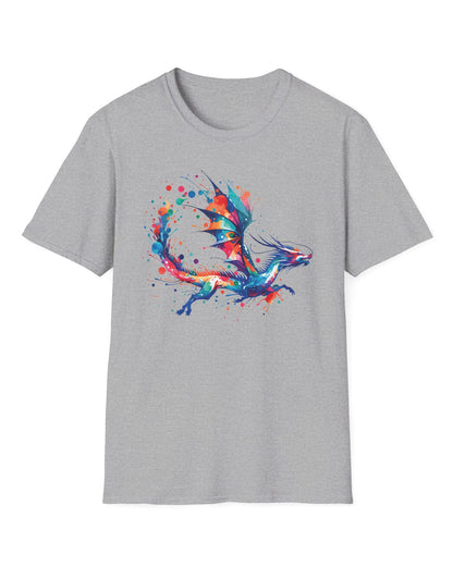 Splatterwing shirt in sport grey, featuring a vibrant dragon made of dynamic multicolor paint splashes.