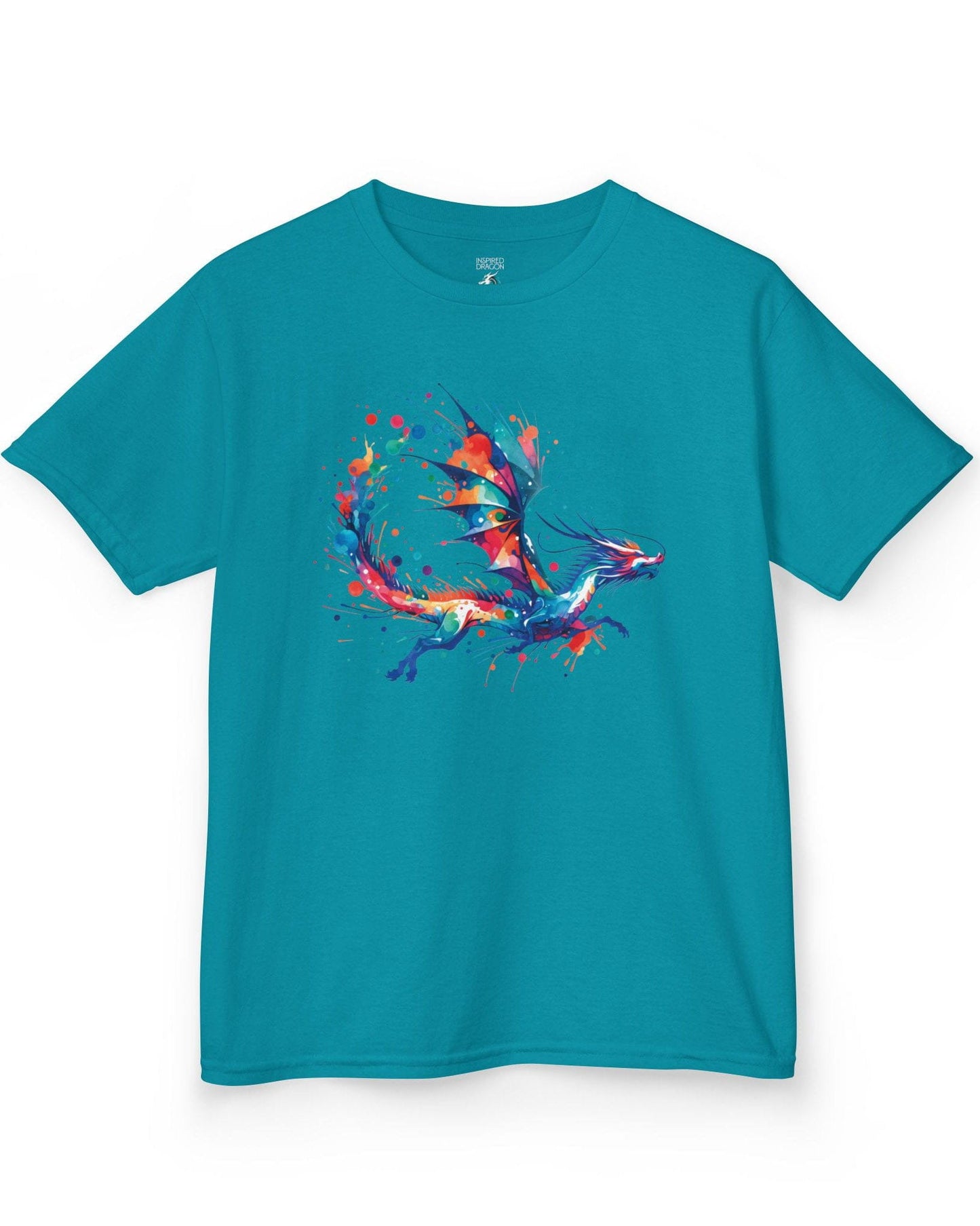 Splatterwing shirt in tropical blue, featuring a vibrant dragon made of dynamic multicolor paint splashes.