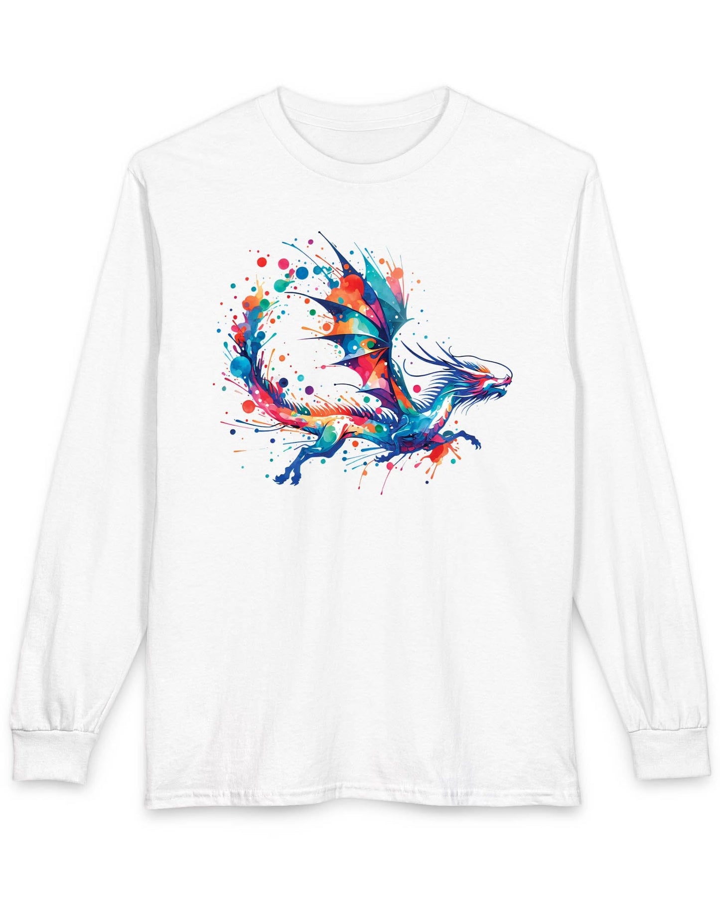 Splatterwing shirt in white, featuring a vibrant dragon made of dynamic multicolor paint splashes.