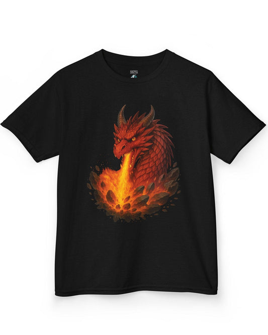 Scorched Earth shirt in black, featuring a fierce red dragon unleashing a fiery blast amid erupting rocks.
