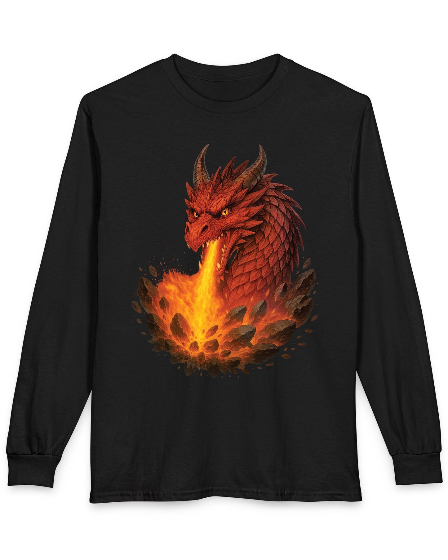 Scorched Earth shirt in black featuring a fierce red dragon unleashing a fiery blast amid erupting rocks