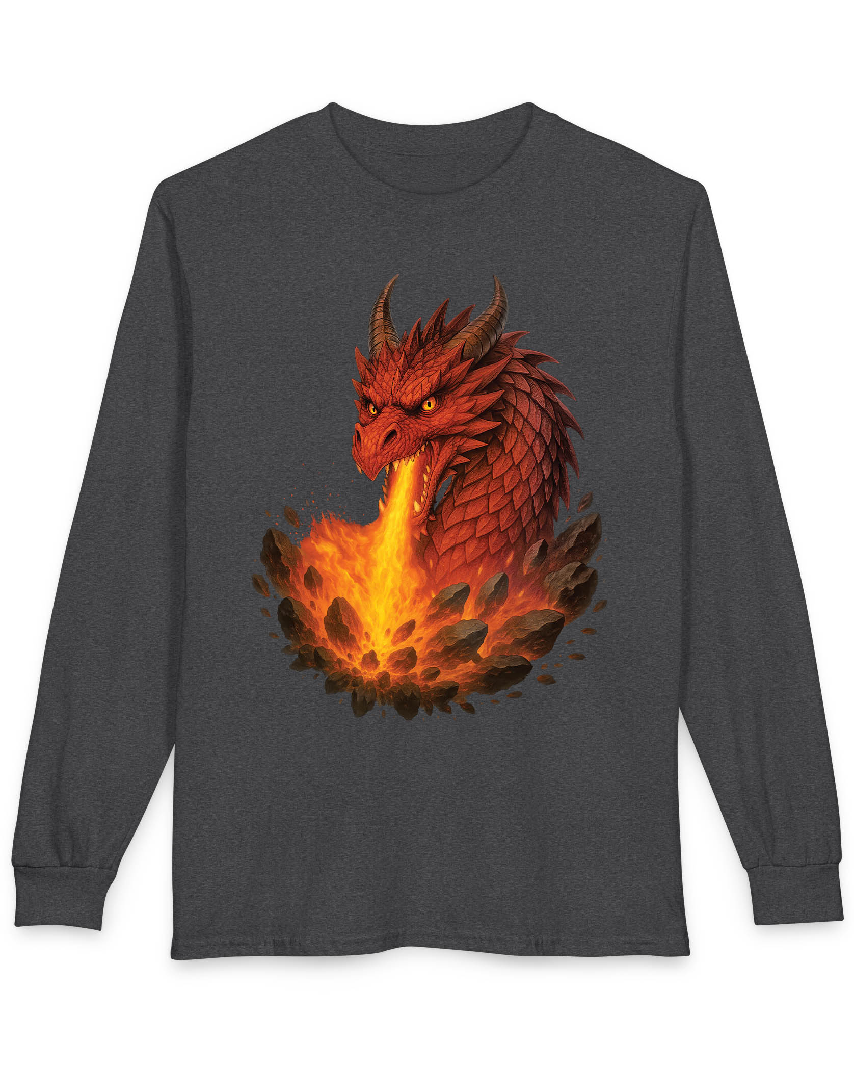 Scorched Earth shirt in dark heather featuring a fierce red dragon unleashing a fiery blast amid erupting rocks
