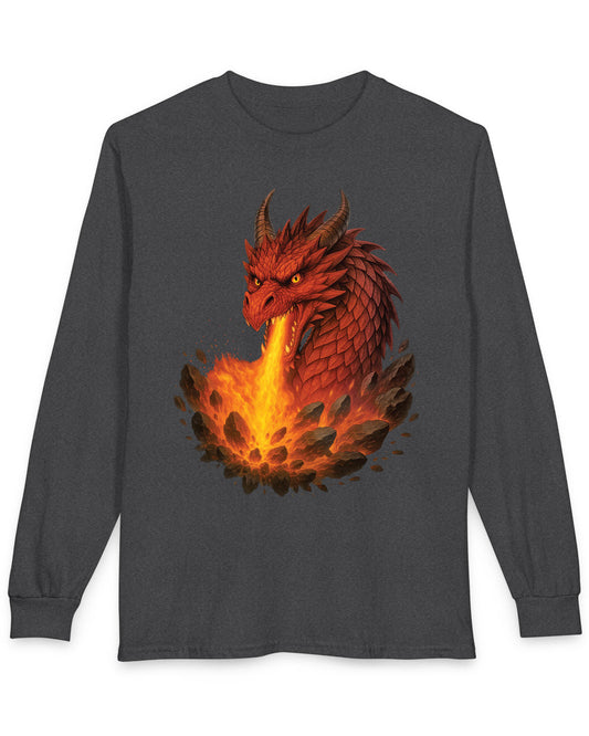 Scorched Earth shirt in dark heather featuring a fierce red dragon unleashing a fiery blast amid erupting rocks