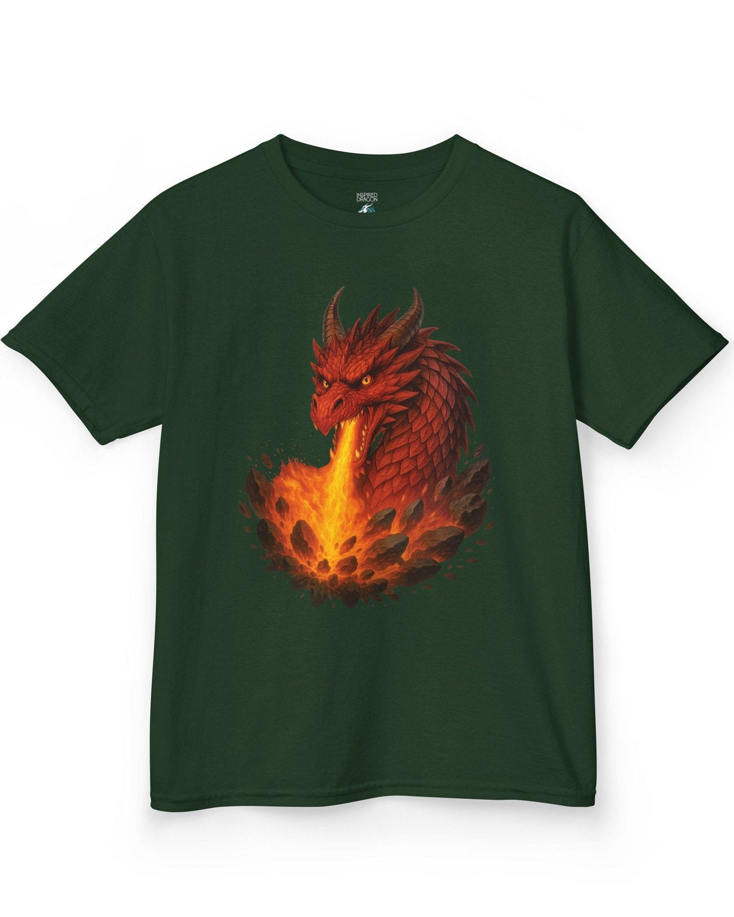 Scorched Earth shirt in forest green, featuring a fierce red dragon unleashing a fiery blast amid erupting rocks.