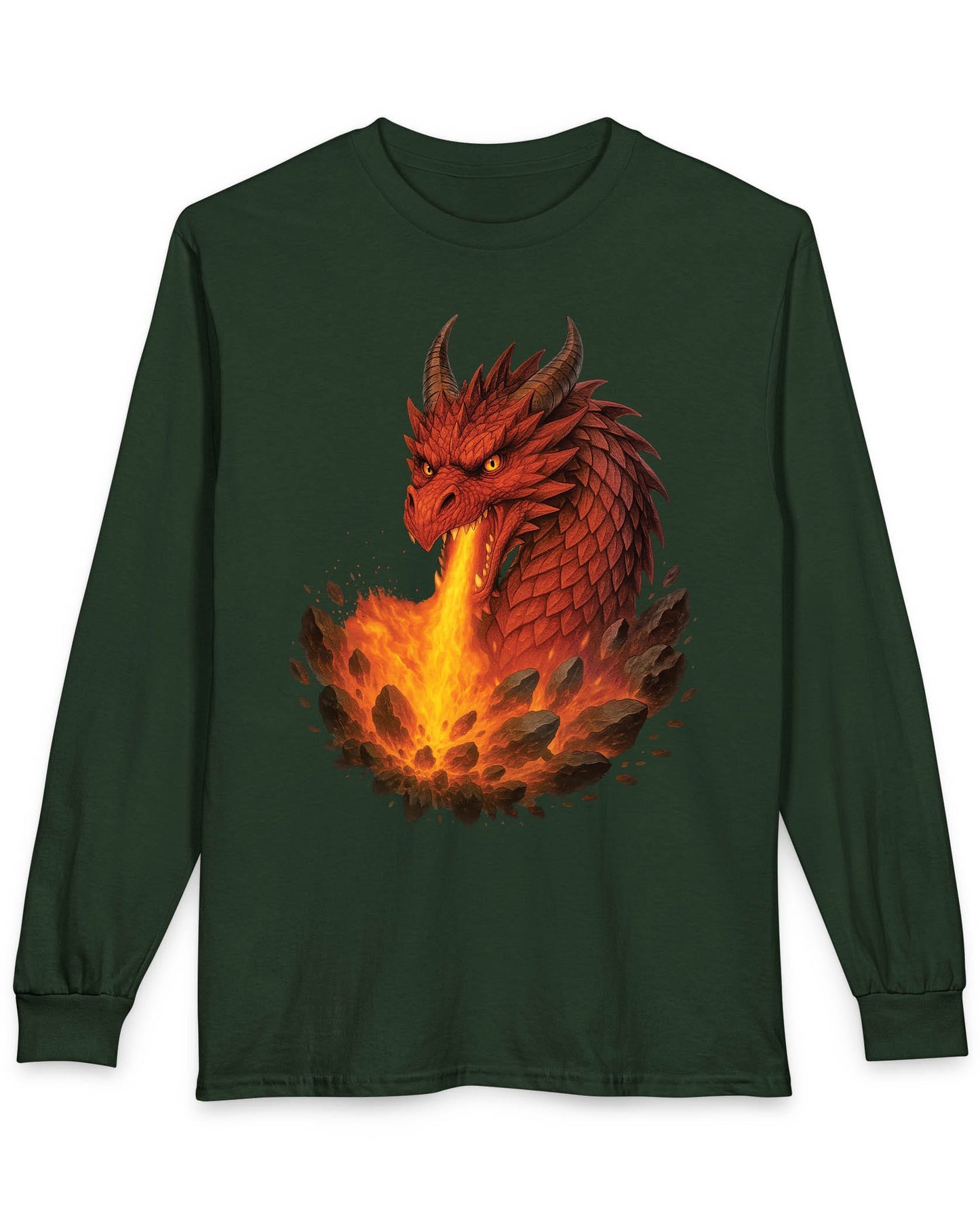 Scorched Earth shirt in forest green featuring a fierce red dragon unleashing a fiery blast amid erupting rocks