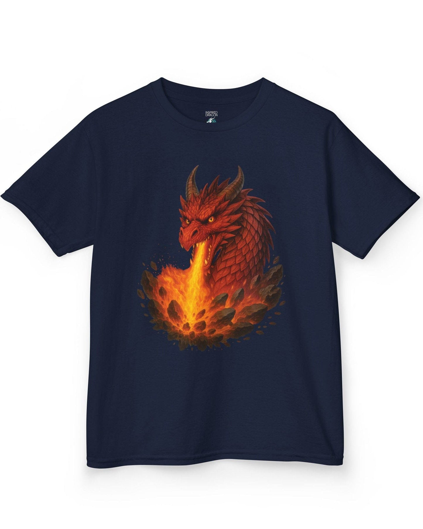 Scorched Earth shirt in navy, featuring a fierce red dragon unleashing a fiery blast amid erupting rocks.