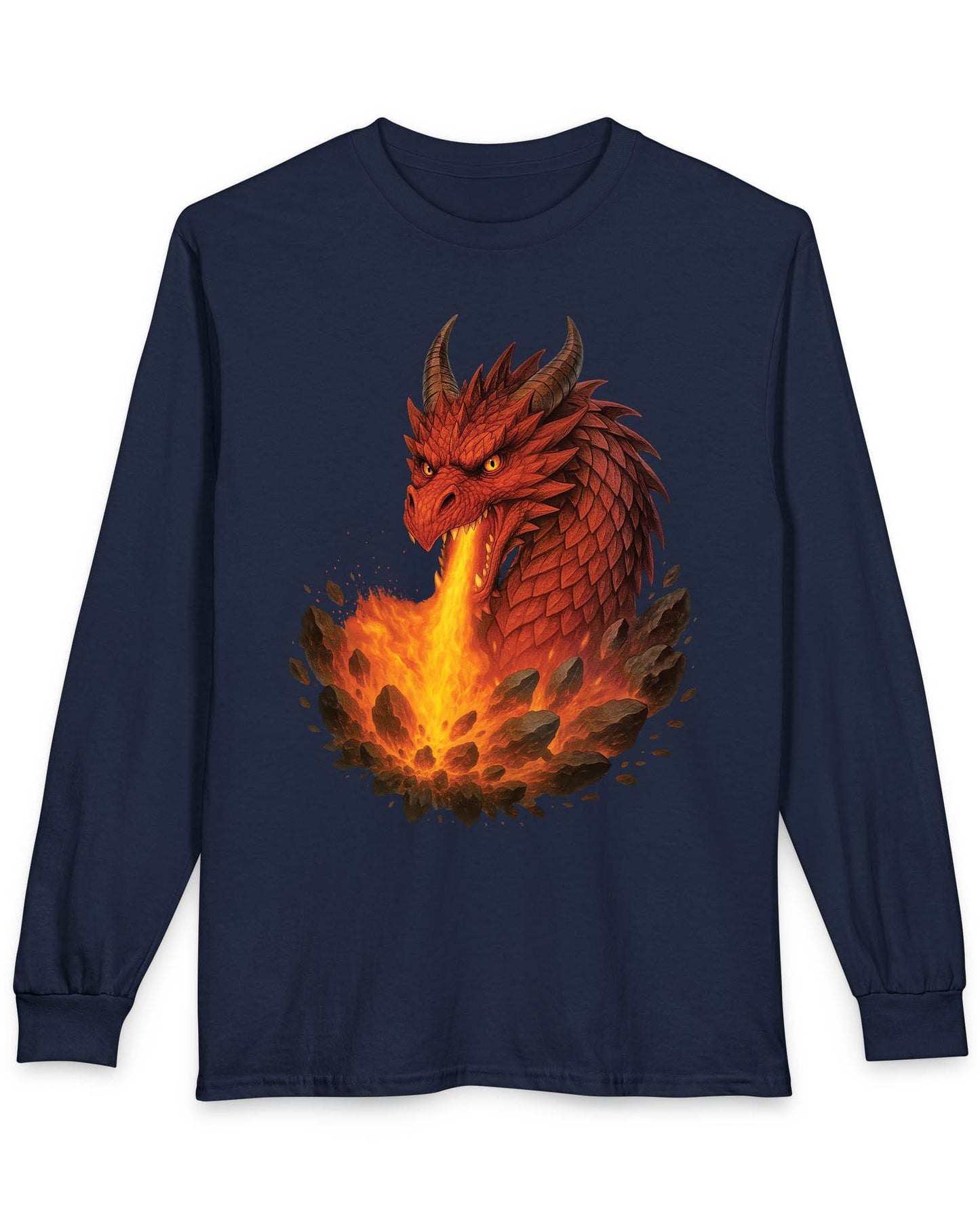 Scorched Earth shirt in navy featuring a fierce red dragon unleashing a fiery blast amid erupting rocks