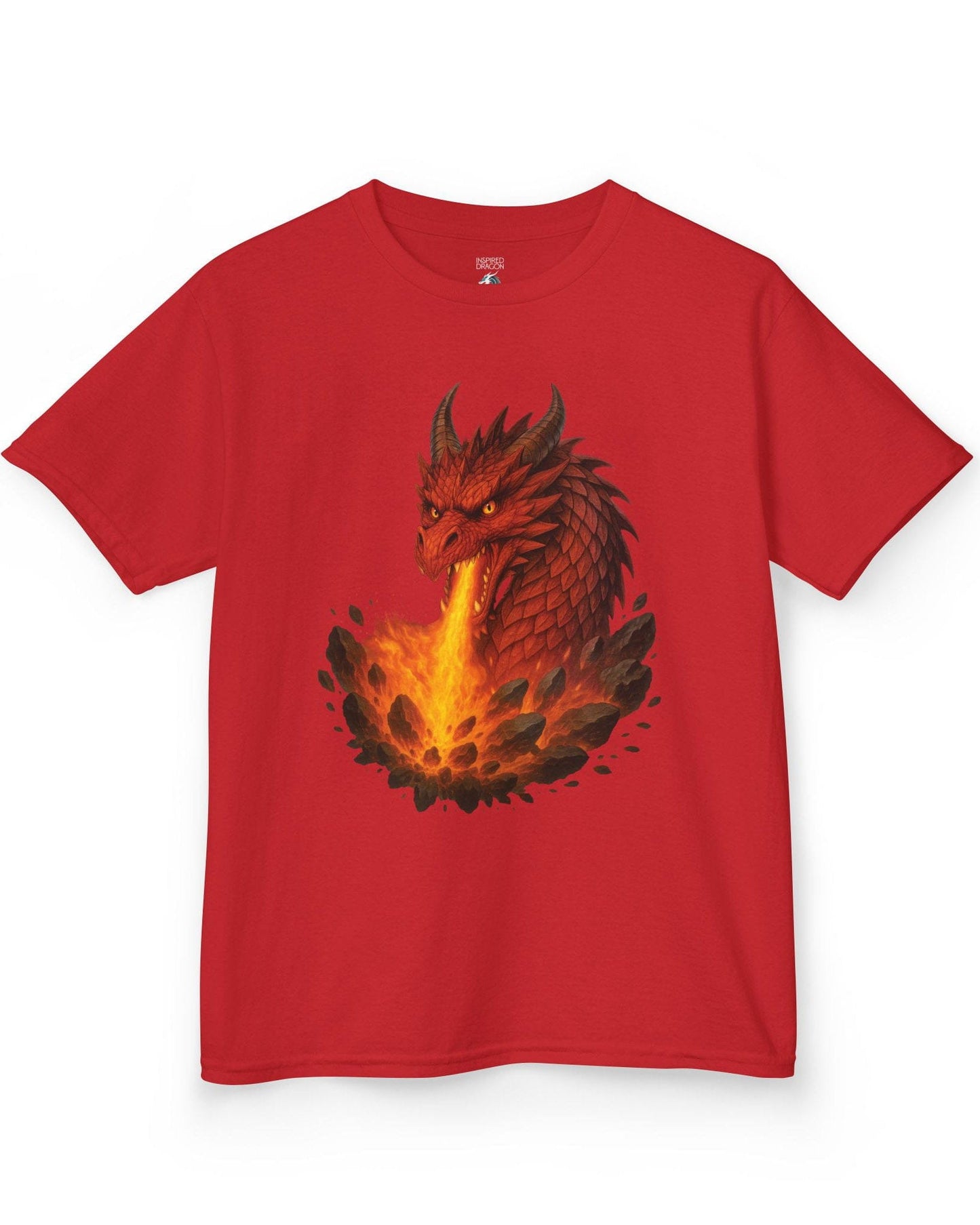 Scorched Earth shirt in red, featuring a fierce red dragon unleashing a fiery blast amid erupting rocks.