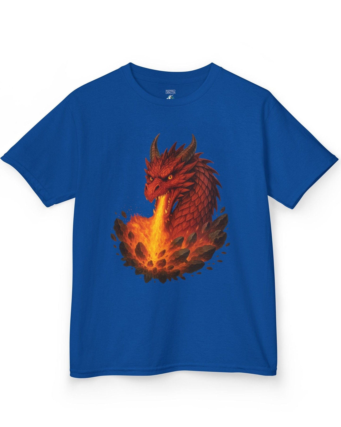 Scorched Earth shirt in royal blue, featuring a fierce red dragon unleashing a fiery blast amid erupting rocks.
