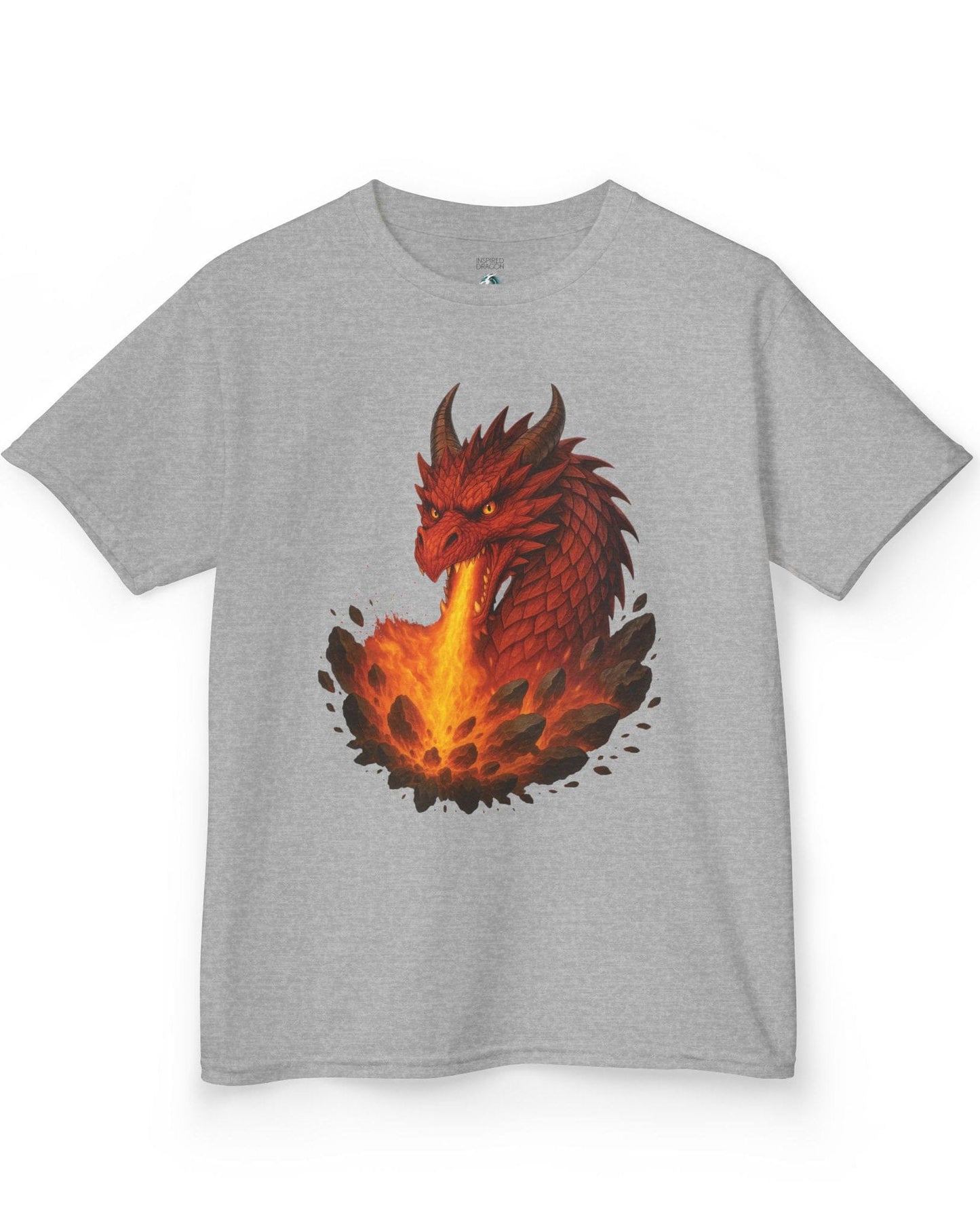 Scorched Earth shirt in sport grey, featuring a fierce red dragon unleashing a fiery blast amid erupting rocks.