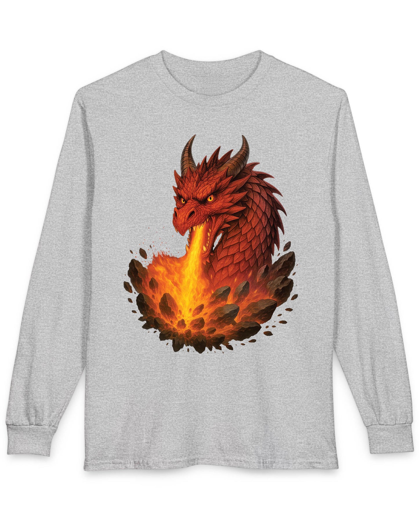 Scorched Earth shirt in sport grey featuring a fierce red dragon unleashing a fiery blast amid erupting rocks