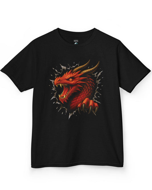 The Dragon Inside shirt in black featuring a red dragon bursting through a torn opening with sharp fangs and claws.