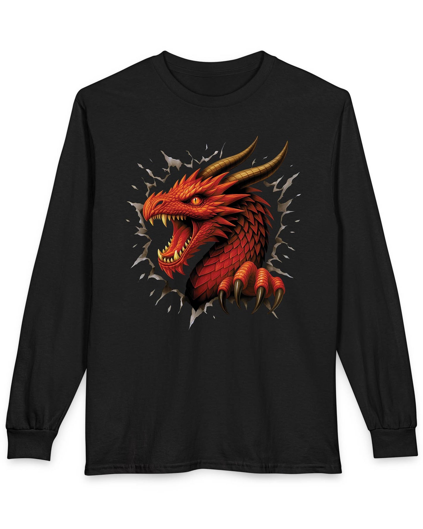 The Dragon Inside shirt in black featuring a red dragon bursting through a torn opening with sharp fangs and claws