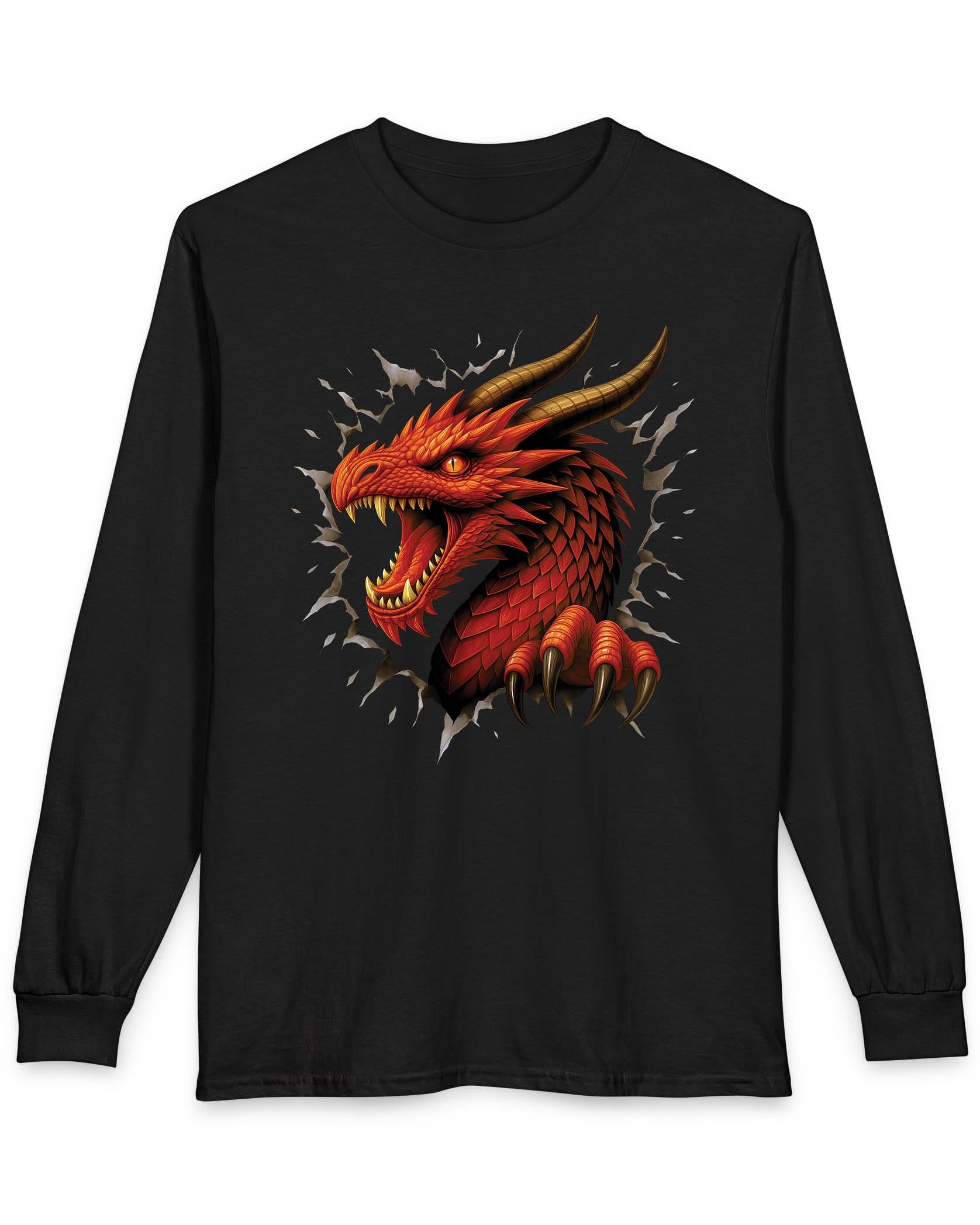 The Dragon Inside shirt in black featuring a red dragon bursting through a torn opening with sharp fangs and claws