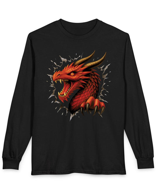 The Dragon Inside shirt in black featuring a red dragon bursting through a torn opening with sharp fangs and claws