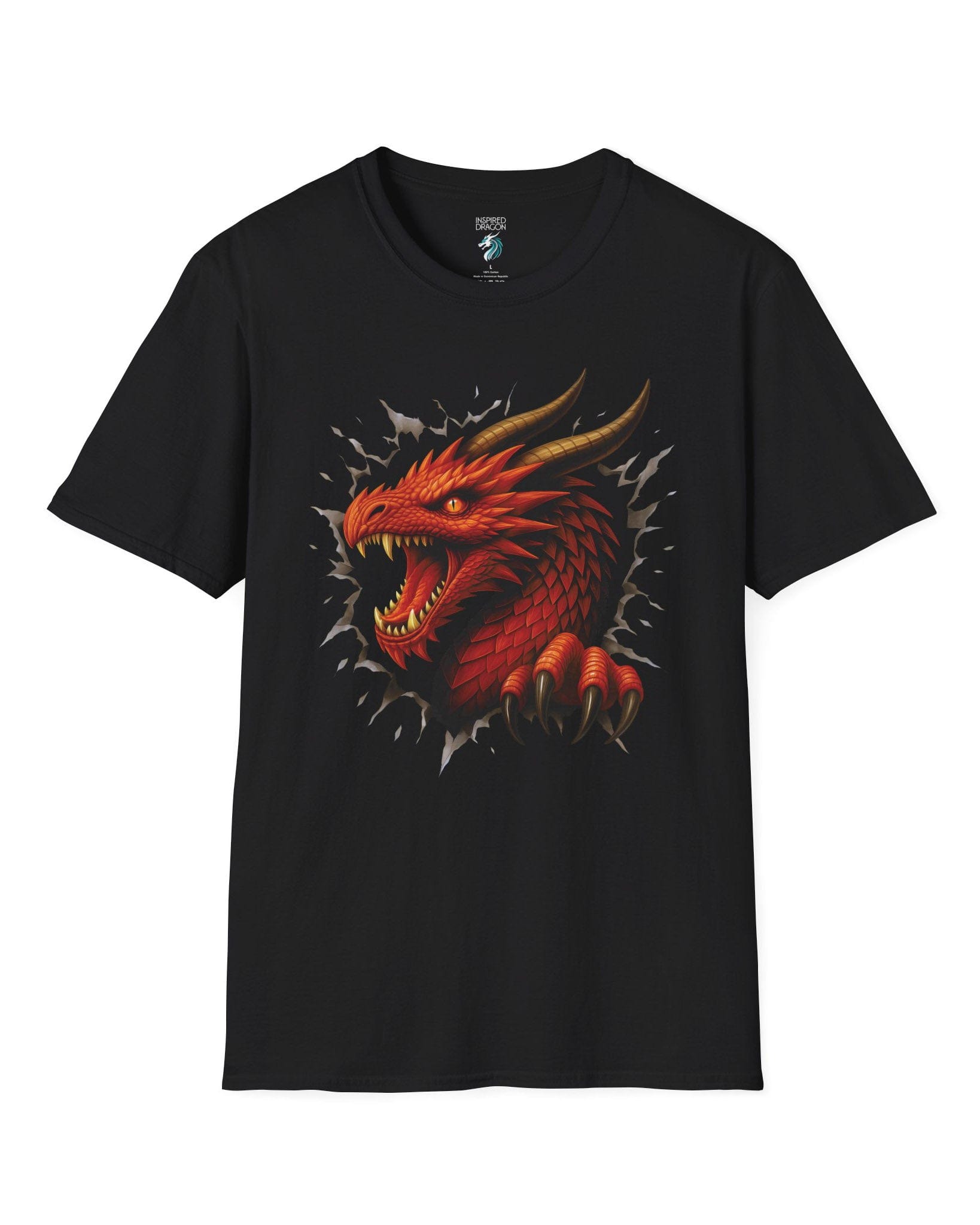 The Dragon Inside shirt in black featuring a red dragon bursting through a torn opening with sharp fangs and claws.
