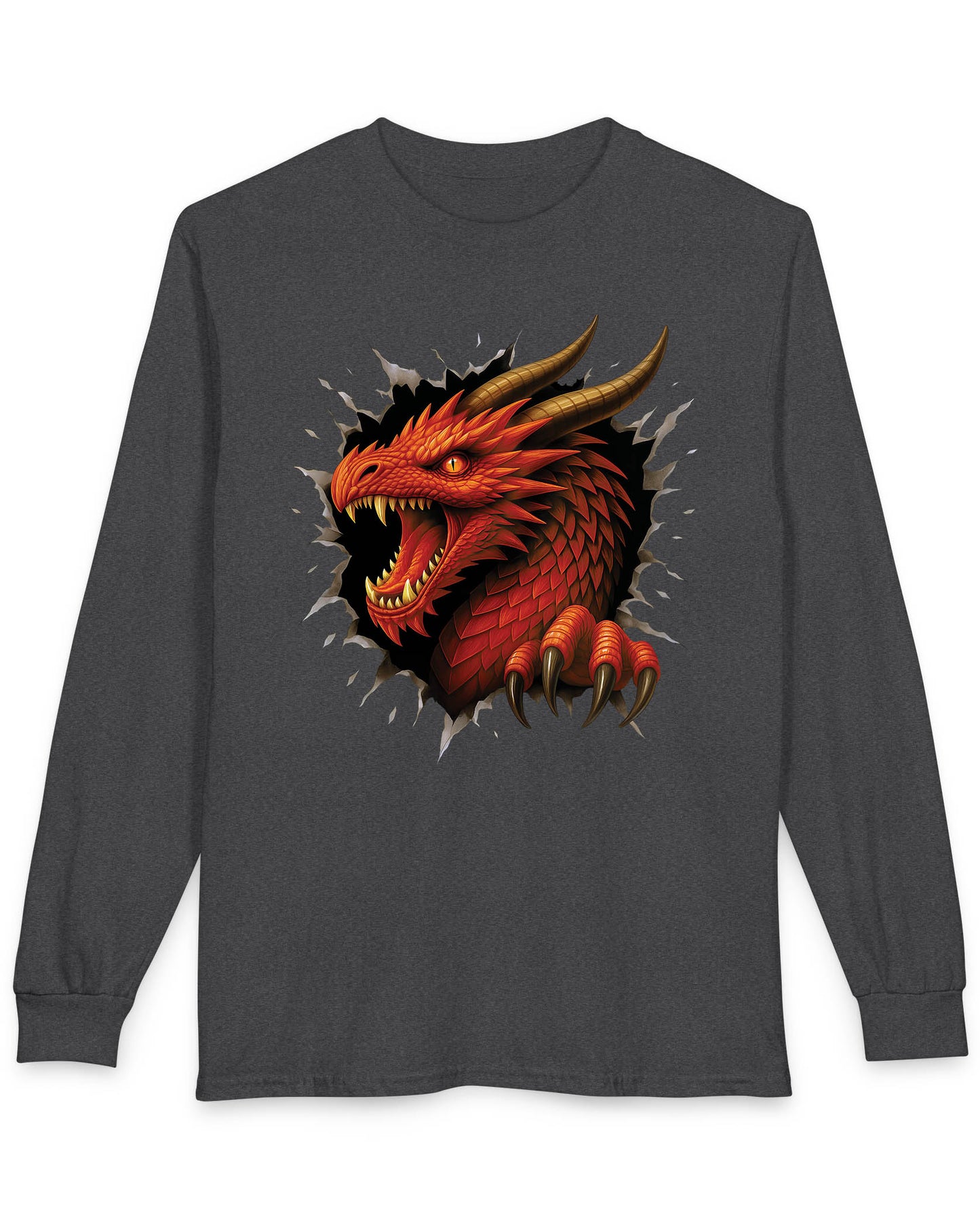 The Dragon Inside shirt in dark heather featuring a red dragon bursting through a torn opening with sharp fangs and claws