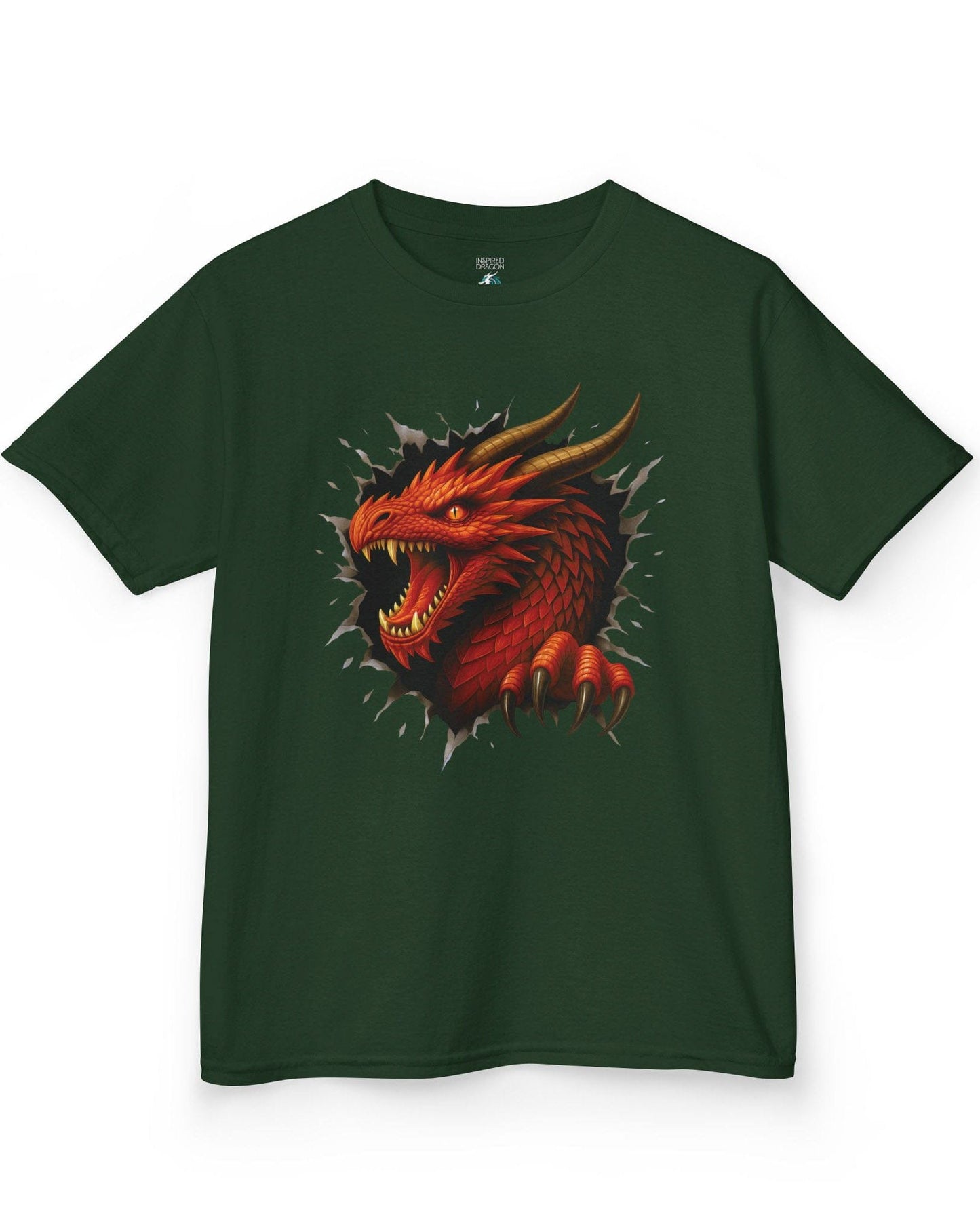 The Dragon Inside shirt in forest green featuring a red dragon bursting through a torn opening with sharp fangs and claws.