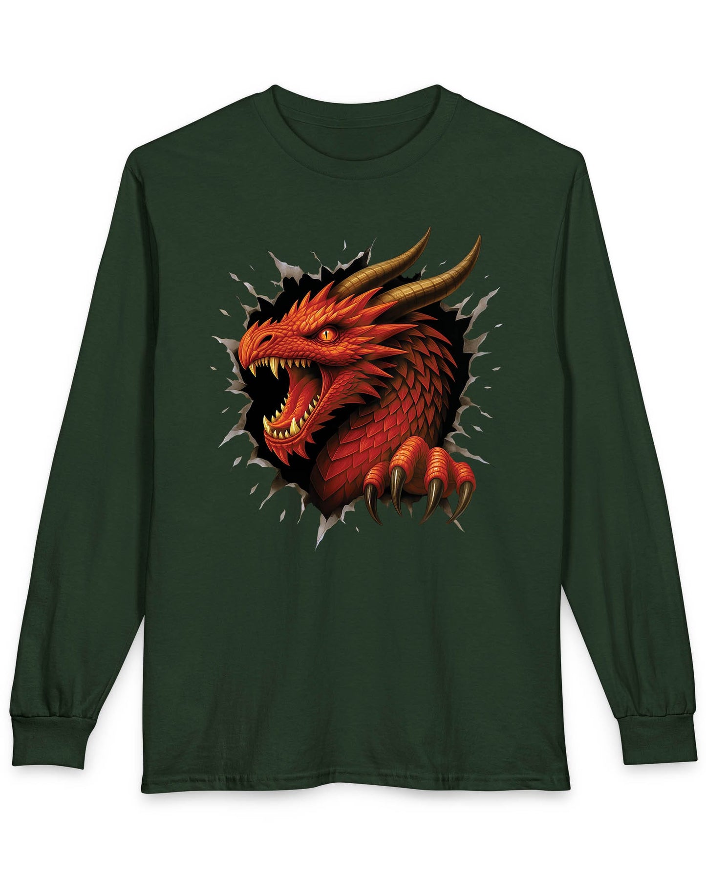 The Dragon Inside shirt in forest green featuring a red dragon bursting through a torn opening with sharp fangs and claws