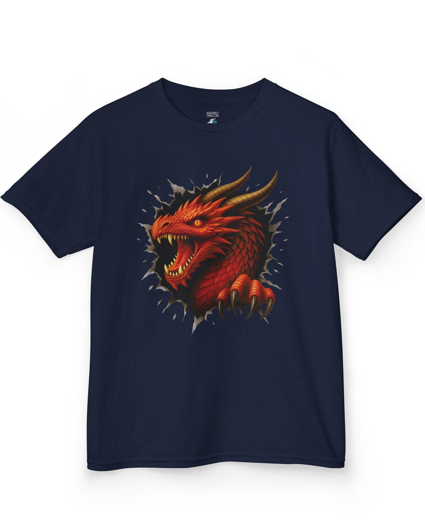 The Dragon Inside shirt in navy featuring a red dragon bursting through a torn opening with sharp fangs and claws.