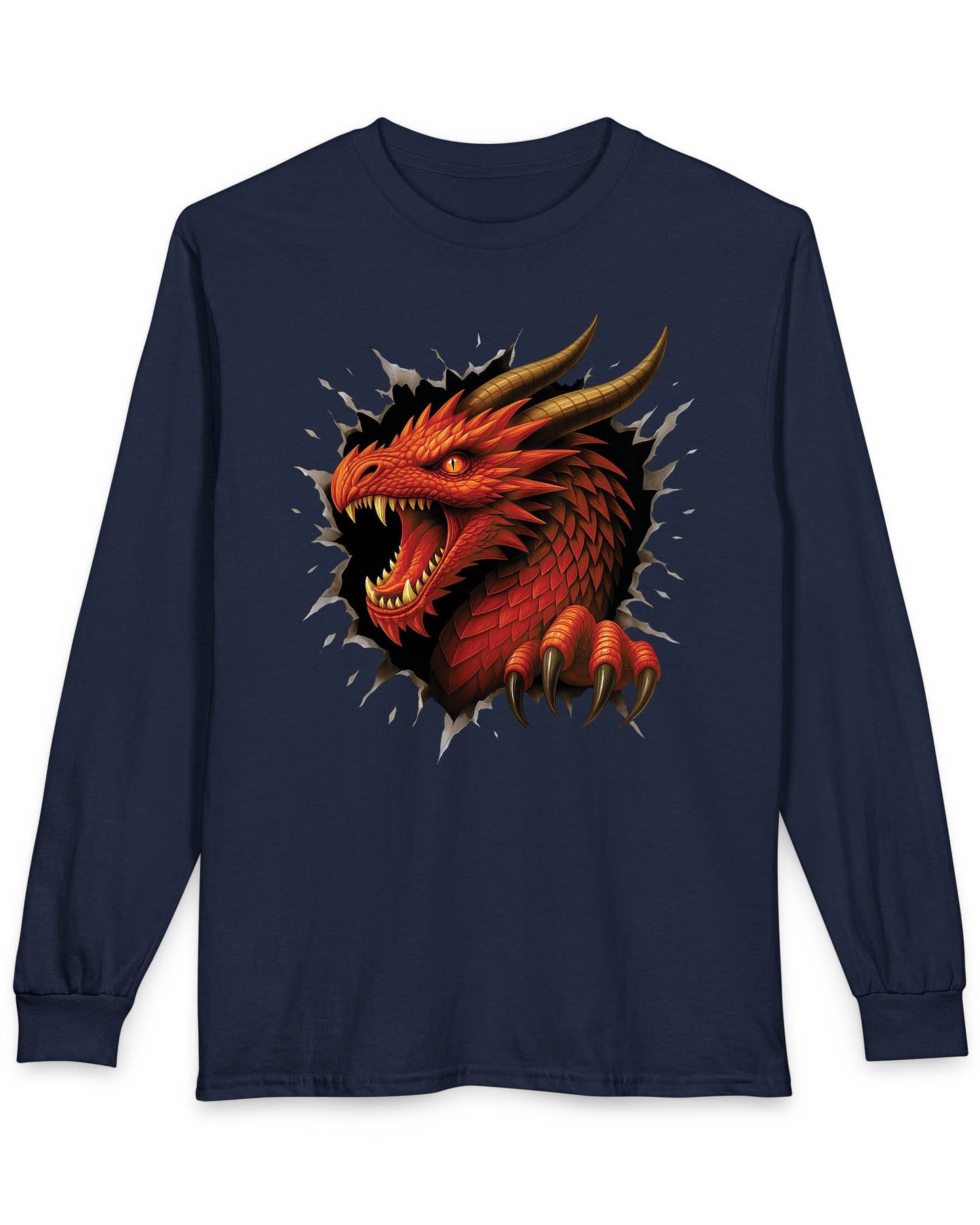 The Dragon Inside shirt in navy featuring a red dragon bursting through a torn opening with sharp fangs and claws