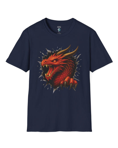 The Dragon Inside shirt in navy featuring a red dragon bursting through a torn opening with sharp fangs and claws.
