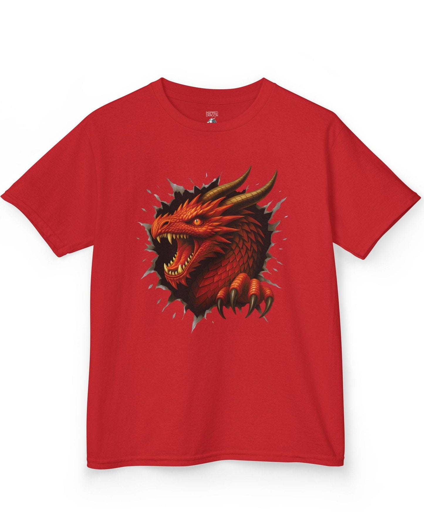 The Dragon Inside shirt in red featuring a red dragon bursting through a torn opening with sharp fangs and claws.