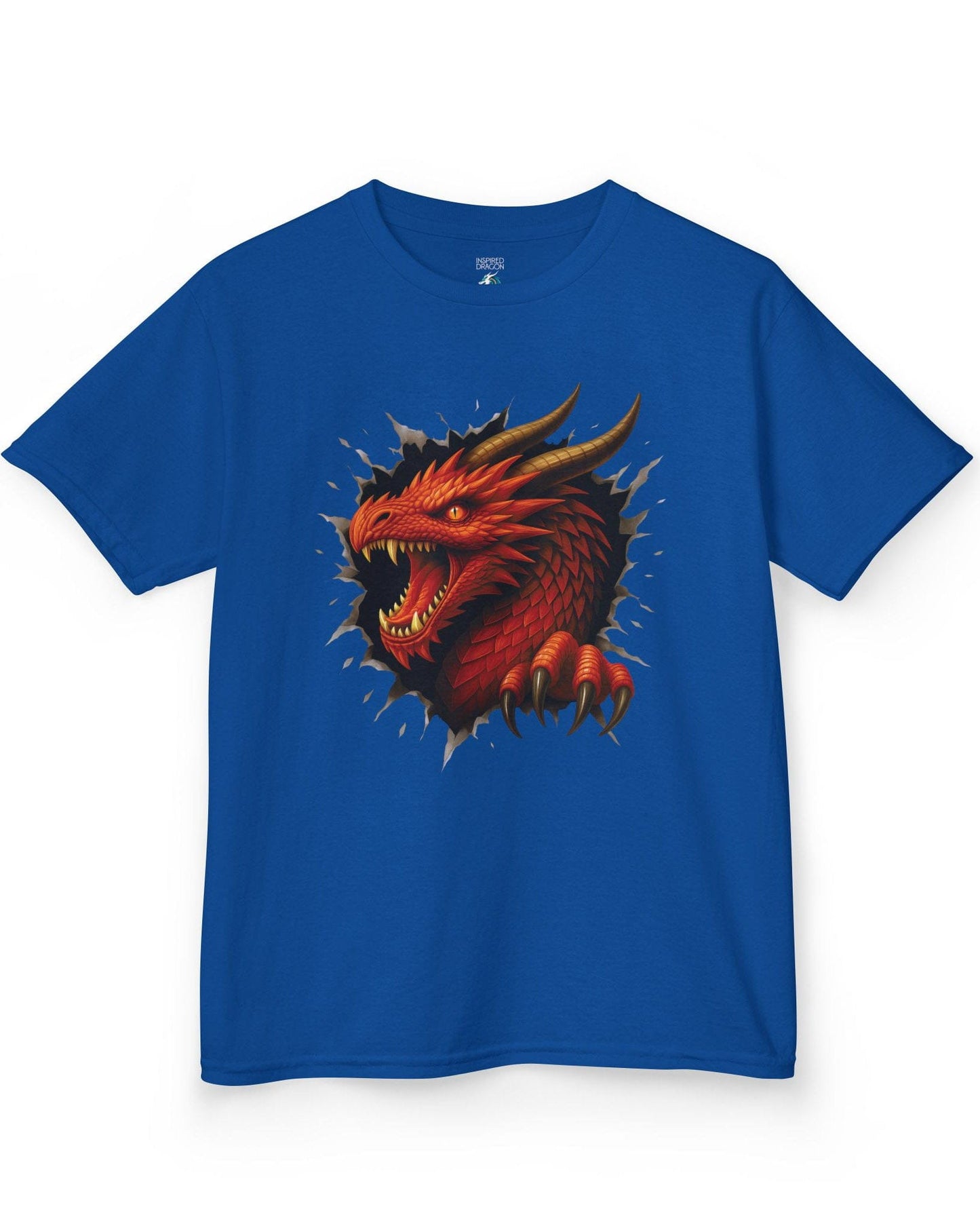 The Dragon Inside shirt in royal blue featuring a red dragon bursting through a torn opening with sharp fangs and claws.