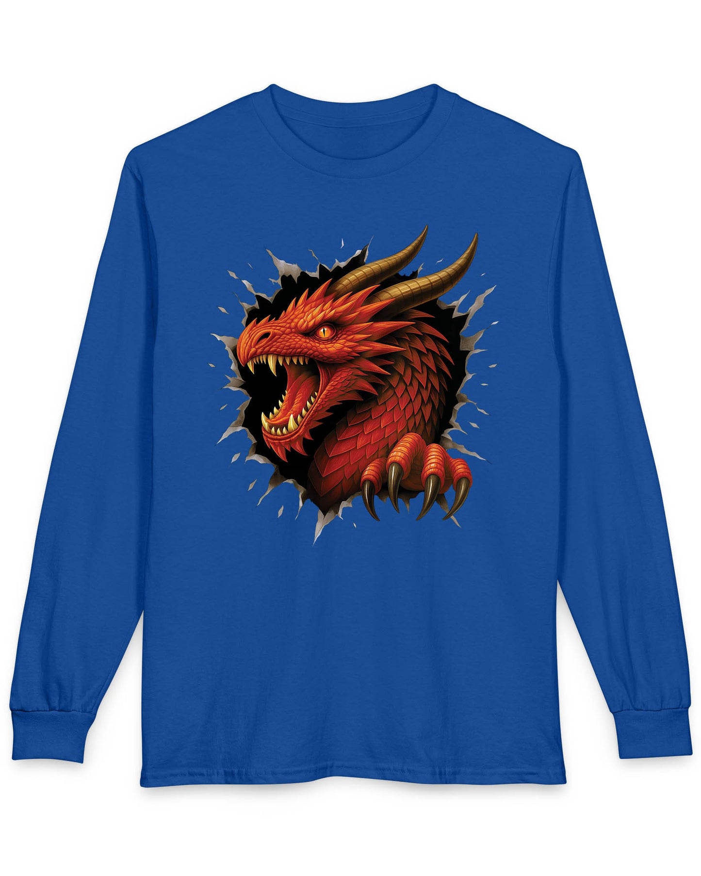 The Dragon Inside shirt in royal blue featuring a red dragon bursting through a torn opening with sharp fangs and claws