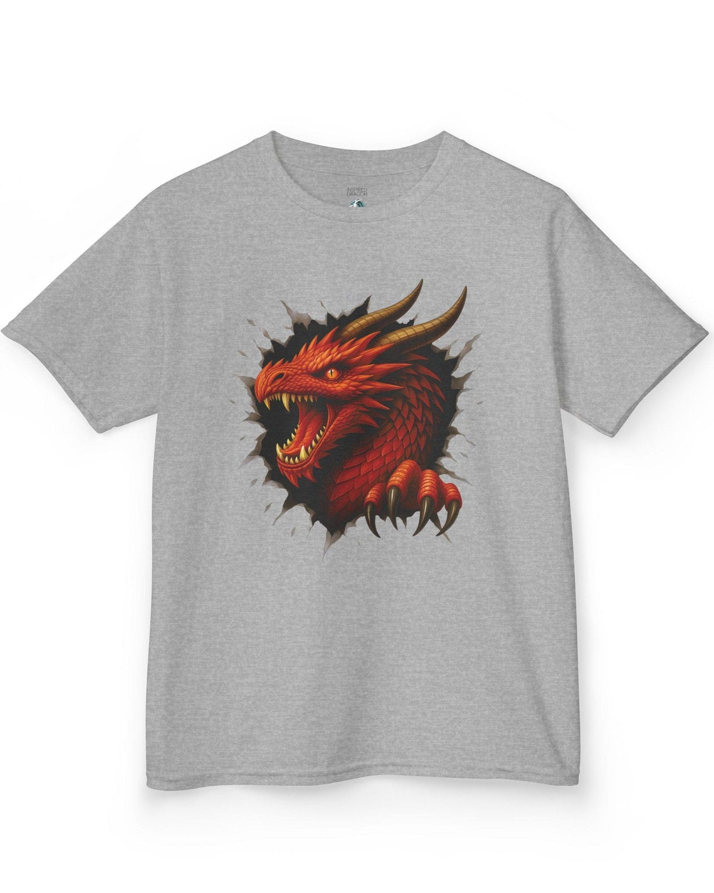 The Dragon Inside shirt in sport grey featuring a red dragon bursting through a torn opening with sharp fangs and claws.
