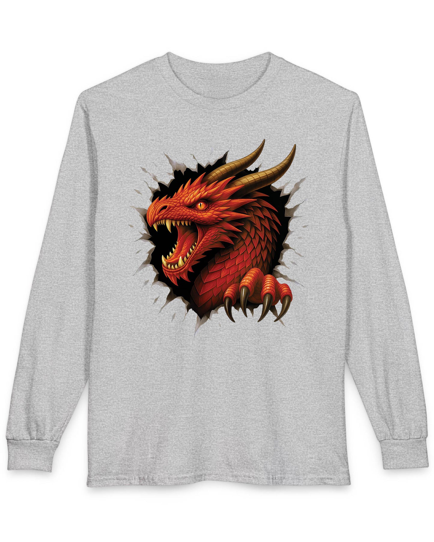 The Dragon Inside shirt in sport grey featuring a red dragon bursting through a torn opening with sharp fangs and claws