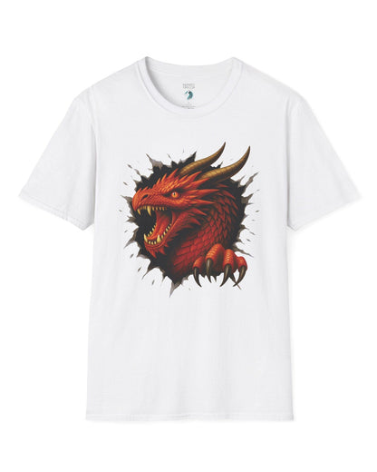 The Dragon Inside shirt in white featuring a red dragon bursting through a torn opening with sharp fangs and claws.