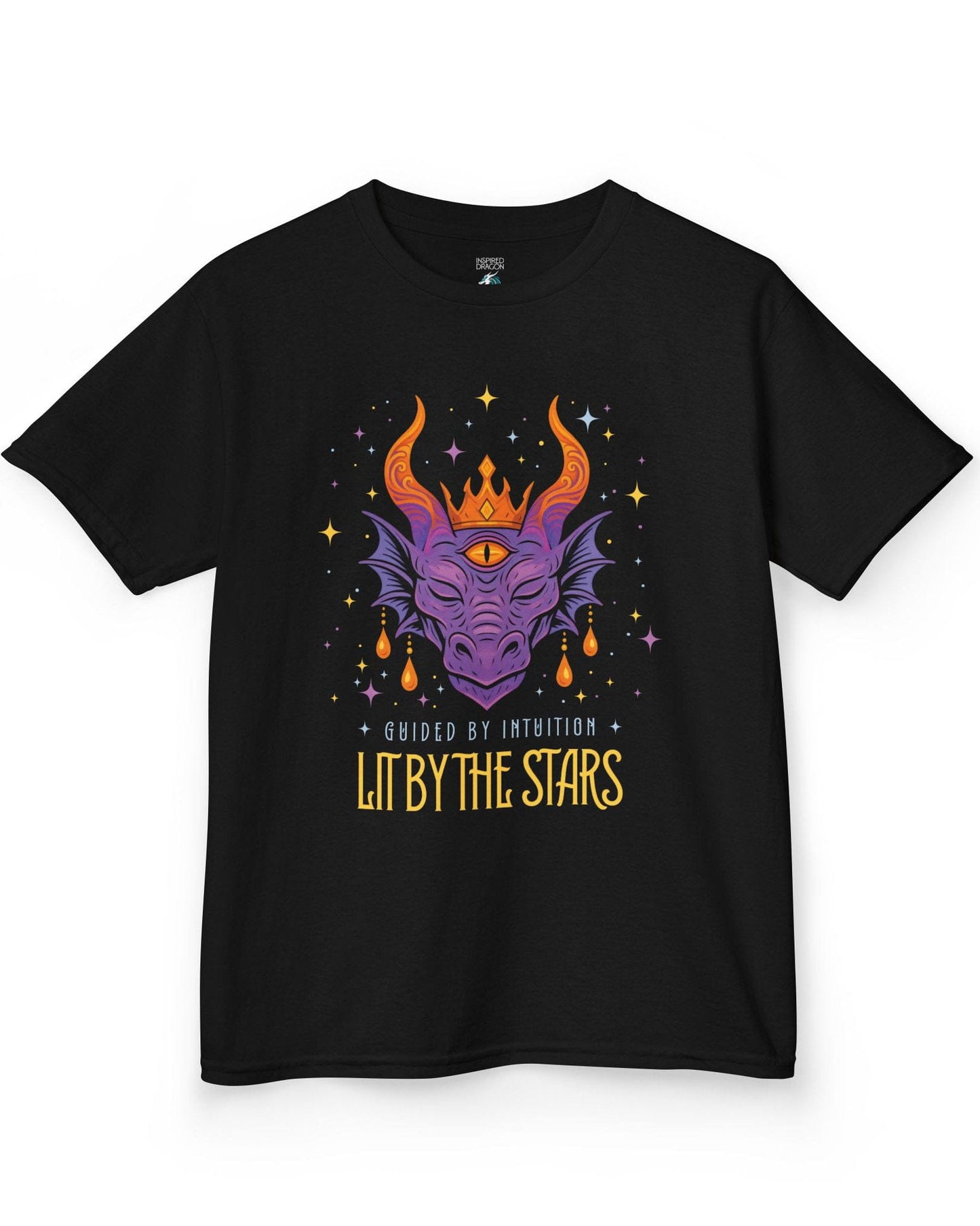 Lit by the Stars shirt in black featuring a crowned purple dragon with a third eye, surrounded by colorful stars.