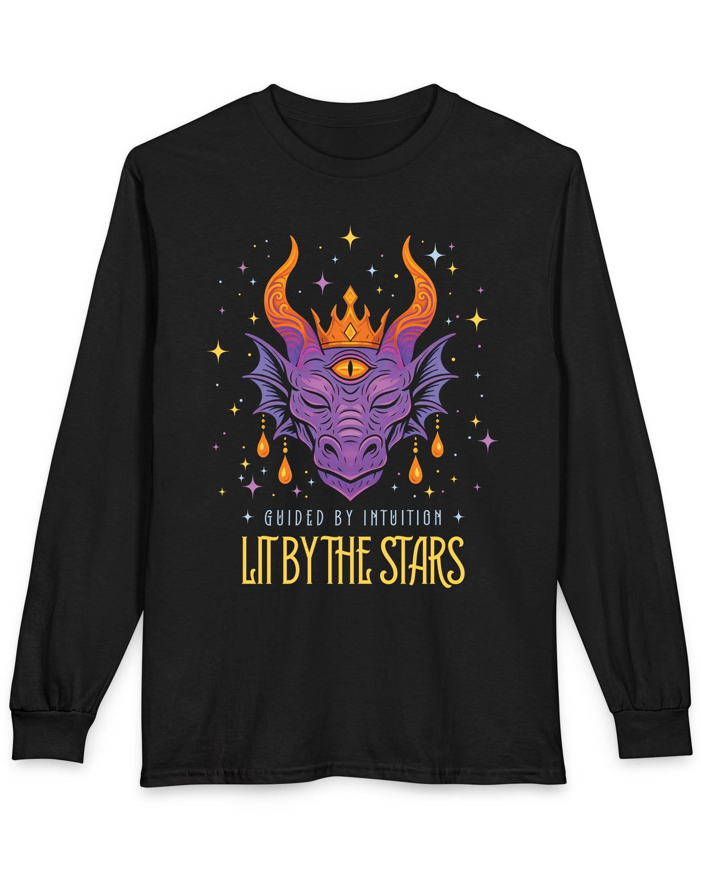 Lit by the Stars shirt in black featuring a crowned purple dragon with a third eye, surrounded by colorful stars